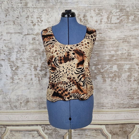 VTG Y2K Tank Top Animal Print Shell Blouse Brown Fitted 90s 1990s 2000s Vintage - Picture 2 of 9